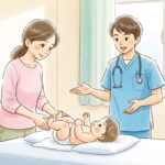 おむつ替えをする母と医師