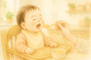 離乳食を楽しんで食べている乳児