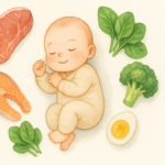 食材に囲まれて眠る乳児