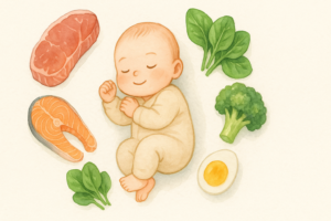 食材に囲まれて眠る乳児
