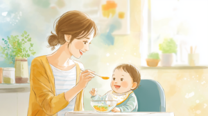 赤ちゃんとお母さんが楽しく離乳食を食べる