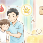 日本の絵本風のパステル水彩画イラスト。元気のない子供に、淡いブルーのスクラブを着た優しい男性医師（小森先生）が寄り添っている。子供の周囲には「鉄分」「うつ」と書かれた赤い水滴のアイコンが浮かび、医師の周囲には「エネルギー」と書かれた黄色い星のアイコンと青い血糖値測定器が浮かんでおり、光の線でつながっている。右上の木製看板には「小森こどもクリニック 栄養外来」と書かれている。左の窓は暗く、右の背景は明るい。