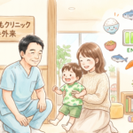 小森こどもクリニックの小森医師が、元気がない子どもと心配する母親に対し、必要な栄養素（タンパク質など）や体のエネルギーについて優しく説明し、安心させている絵本風の水彩画イラスト。