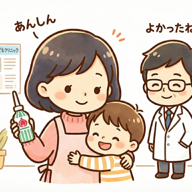 手描きの水彩画風イラスト。小森こどもクリニックで、エプロン姿の母親が浣腸のボトルを右手に持ち、笑顔で子供を抱きしめている。子供も安心して笑っており、母親の上には「あんしん」の文字。白衣を着た眼鏡の医師が右側で二人を見守り、「よかったね」と声をかけている。温かくほっとした雰囲気の場面。