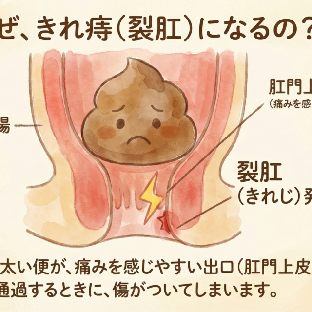 「なぜ、きれ痔（裂肛）になるの？」というタイトルのイラスト。直腸と肛門上皮の断面図で、困った顔の硬そうな便が通過する際、痛みを感じやすい肛門上皮に傷（裂肛）が発生する様子が稲妻マークで描かれている。「直腸」「肛門上皮（痛みを感じやすい部分）」「裂肛（きれじ）発生！」というラベルが付いている。下部には「硬くて太い便が、痛みを感じやすい出口（肛門上皮）を通過するときに、傷がついてしまいます。」という説明文がある。