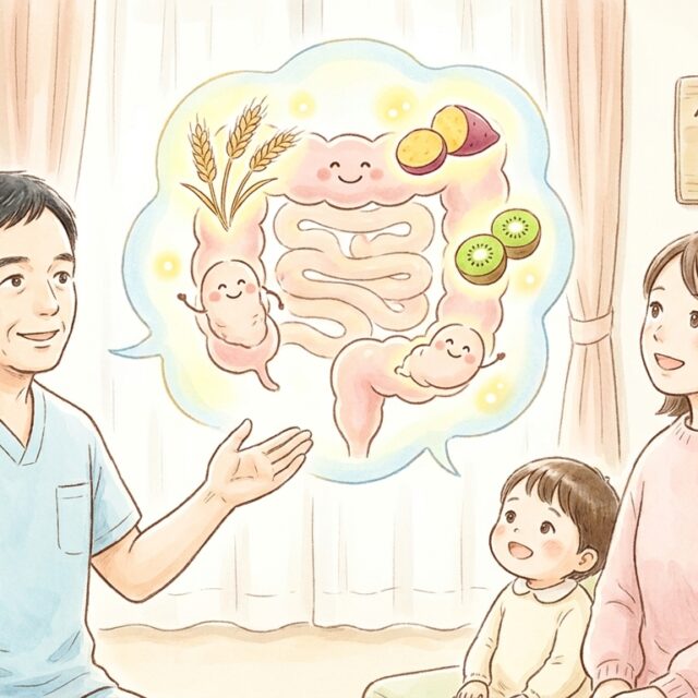 小森こどもクリニックの小森医師が、親子の前で腸内環境の地図（GI-MAP）や食物繊維のイラストを見せながら、大腸を育てる治療について優しく説明している水彩画風のイラスト