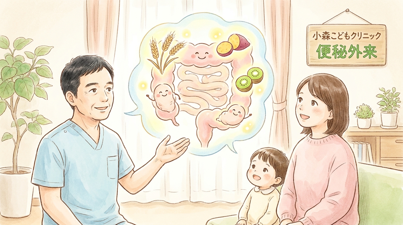 小森こどもクリニックの小森医師が、親子の前で腸内環境の地図（GI-MAP）や食物繊維のイラストを見せながら、大腸を育てる治療について優しく説明している水彩画風のイラスト