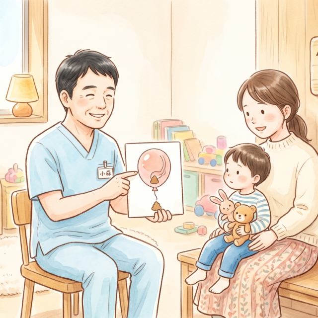 小森こどもクリニックの小森広嗣院長が、お母さんと子どもに風船のイラストを使って便失禁（お漏らし）のメカニズムを優しく説明している水彩画風のイラスト