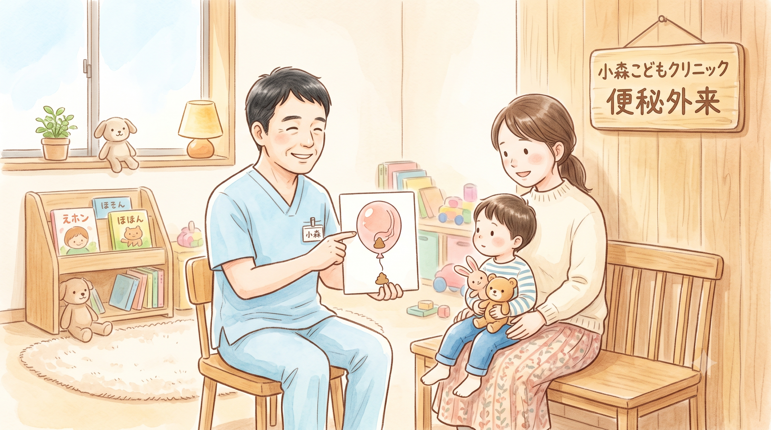 小森こどもクリニックの小森広嗣院長が、お母さんと子どもに風船のイラストを使って便失禁（お漏らし）のメカニズムを優しく説明している水彩画風のイラスト