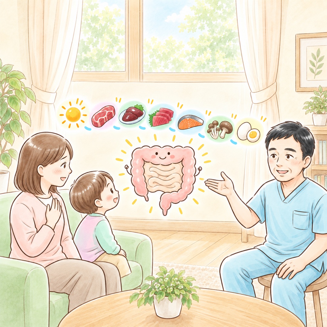 院長が母子に、腸と「栄養を入れる順番」を説明している絵。中央で微笑む腸のキャラクターの上に、太陽・赤身肉・レバー・まぐろ・鮭・きのこ・卵のアイコンが順番を待つように並んでいる