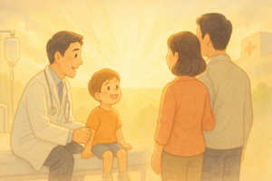 小児科医とこどもが治療を頑張る様子