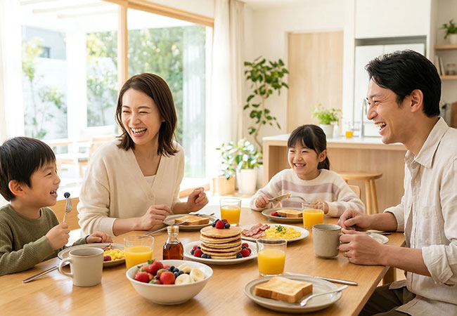 笑顔で朝食を食べる幸せな家族